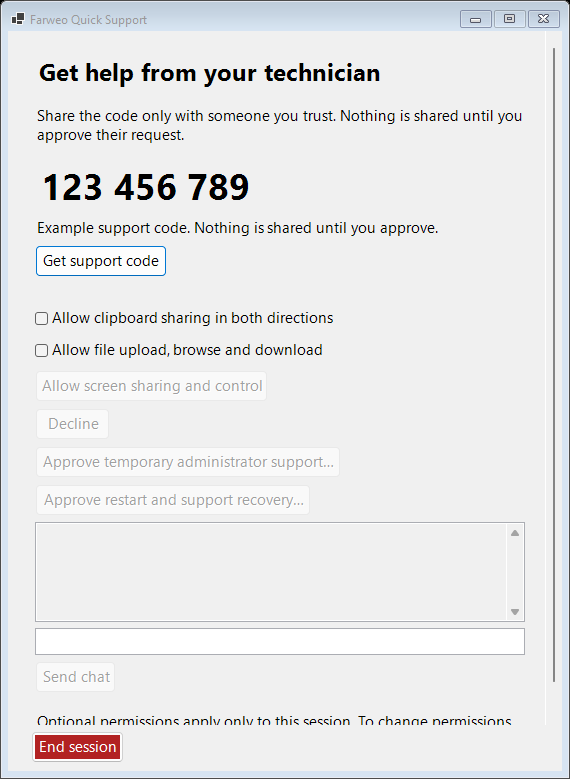Farweo Quick Support customer window with an example code, unchecked clipboard and file permissions, chat controls, and an End session button
