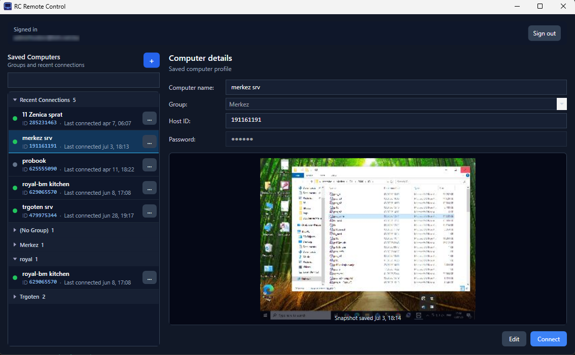 Farweo Console showing saved computers and connection details